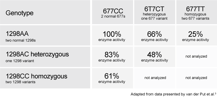 Tabel cu capacitatea functionala a enzimei MTHFR in functie de combinatiile de mutatii C667T si A1298C.